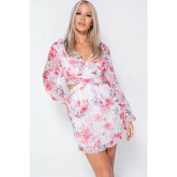 Floral Long Sleeve V-Neck Open Tie Back Mini Dress - Picture 13 of 14